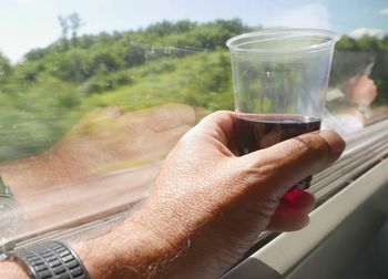 Cropped hand holding wineglass in train