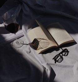 High angle view of books on table