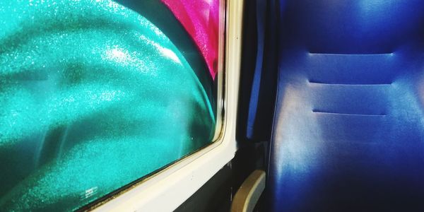 High angle view of empty seats in bus