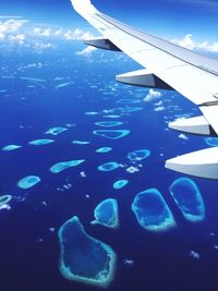 Aerial view of sea and airplane wing