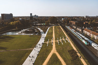 High angle view of road against sky in city