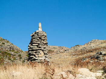 Low angle view of rocks against clear blue sky