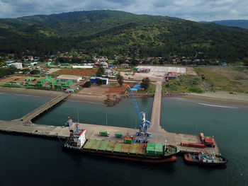 High angle view of harbor by sea