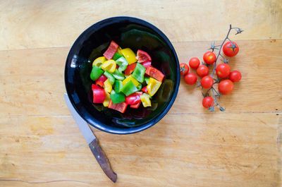 High angle view of fruits in bowl on table