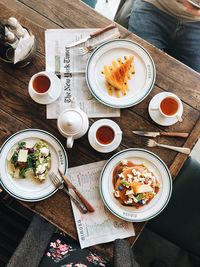 High angle view of food served on table