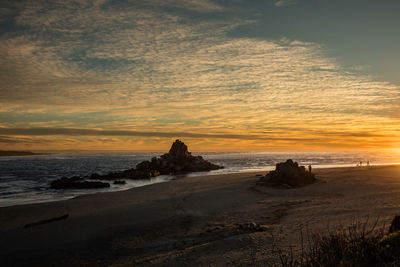 Scenic view of beach against sky during sunset