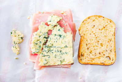 High angle view of breakfast served on table