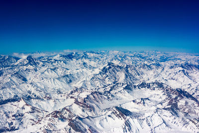 Scenic view of snow covered mountains against clear sky