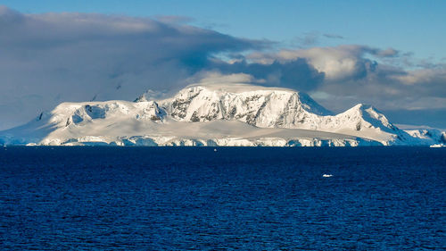 Scenic view of sea and snowcapped mountains against sky