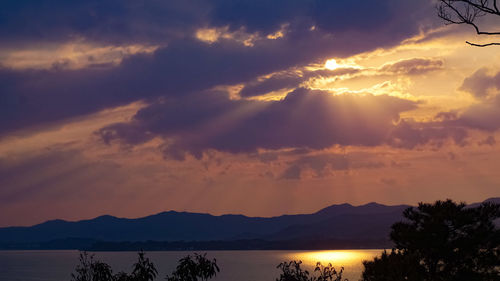 Scenic view of silhouette mountains against sky during sunset