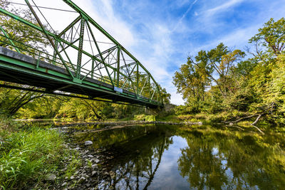 Green steel bridge over calm river against blue sky