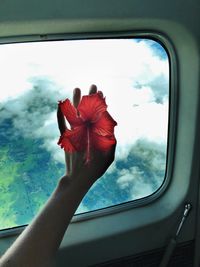 Cropped image of hand against sky seen through window