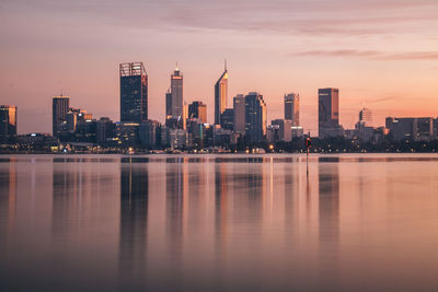 Modern cityscape at sunset