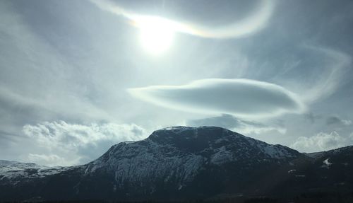 Low angle view of snowcapped mountains against sky