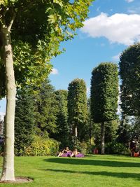 People on field in park against sky