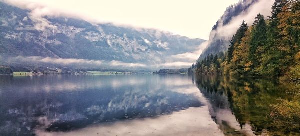 Scenic view of lake against cloudy sky