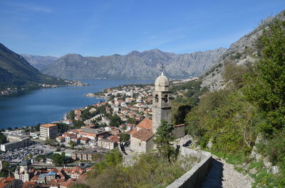 High angle view of buildings at waterfront