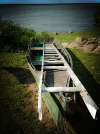 High angle view of grass by sea against sky