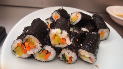 Close-up of sushi served in plate