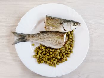 High angle view of fruits in plate on table