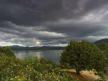 Scenic view of lake against cloudy sky