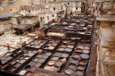 High angle view of tannery at fez