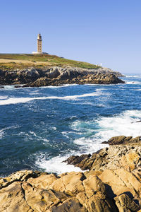 Lighthouse by sea against clear sky