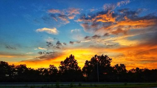 Silhouette trees on field against dramatic sky