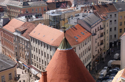 High angle view of street amidst buildings in town