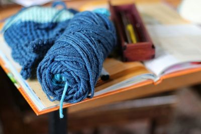 Close up of ball of wool on desk