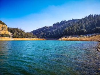 Scenic view of lake against blue sky