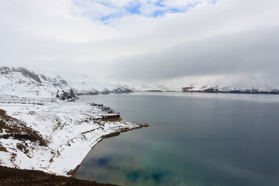 Scenic view of lake by snowcapped mountain against sky