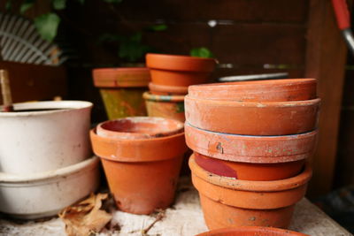 Clay pots on table at porch