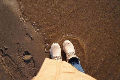 Low section of person standing on sand
