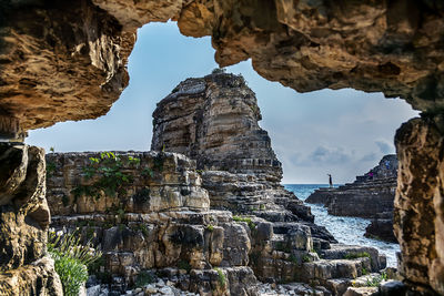 Low angle view of rock formations against sky