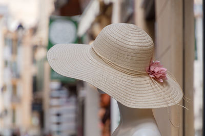Close-up of hat on mannequin