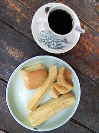 High angle view of breakfast served on table