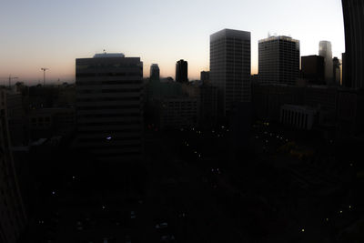 High angle view of cityscape at sunset