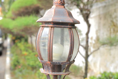 Close-up of vintage lamp with plant as a background