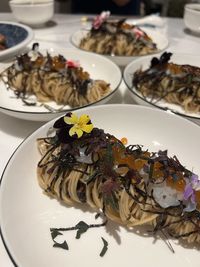 High angle view of fish in plate on table