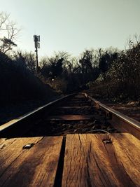 Close-up of railroad tracks against clear sky