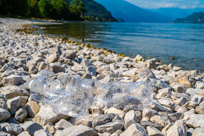 Plastic bottles abandoned on a beach. water pollution, microplastics, waste.