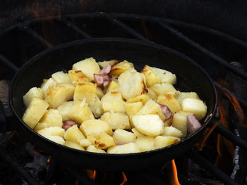 High angle view of meat in cooking pan