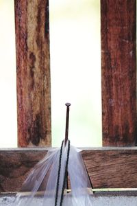 Close-up of metal railing against trees in forest