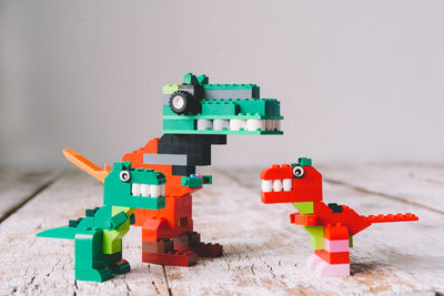 Close-up of multi colored toys on table