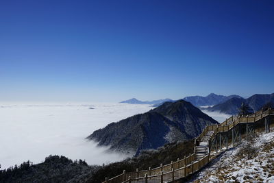 Scenic view of mountains against clear blue sky