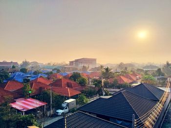 High angle view of townscape against sky during sunset