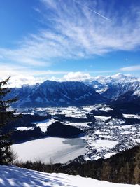 Scenic view of mountains against sky during winter