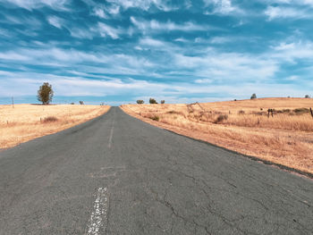 Empty road amidst field against sky