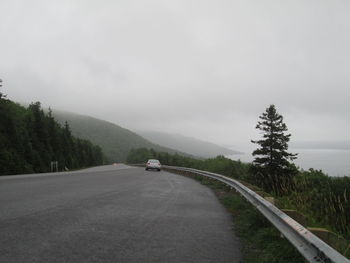 Road amidst trees against foggy sky